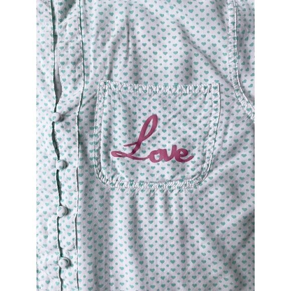 Hearts Pattern Valentine’s Green White LOVE Button Up High Low Hem Top Women’s L - Picture 10 of 12